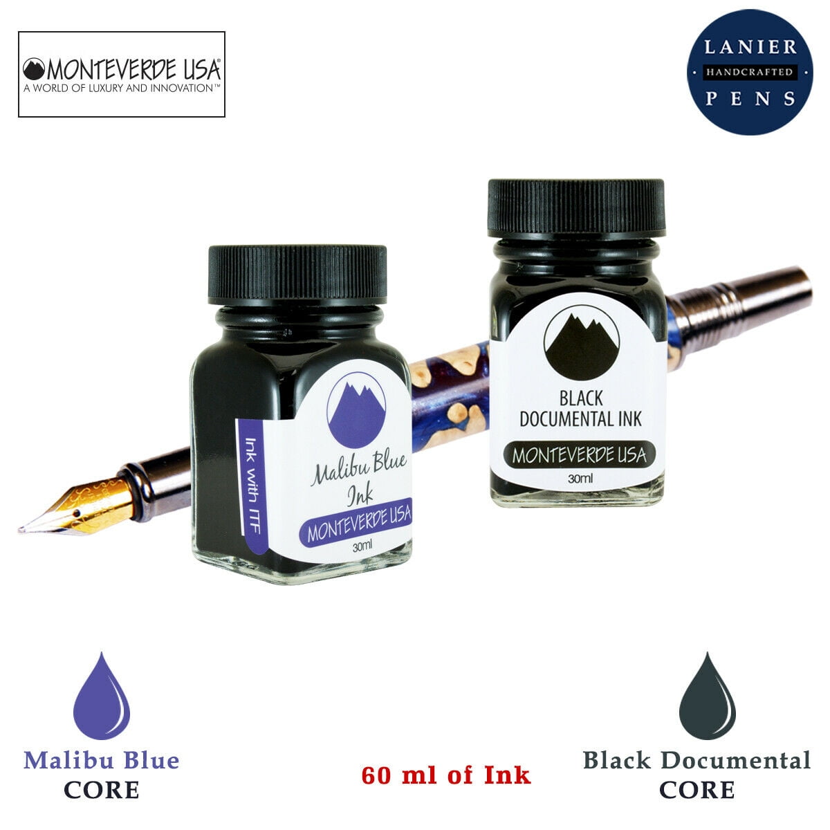 Monteverde 60ml Core Fountain Pen Ink Bottle (30ml Malibu Blue Ink Bottle G309MU, 30ml Black Documental Ink Bottle G309DB)