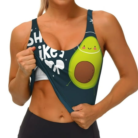 Qokaie Avocado in Space1 Pattern Womens Scoop Neck Sports Bra Breathable Workout Vest Padded U Back Medium Impact Fitness Gym Yoga Bra Workout Crop Top
