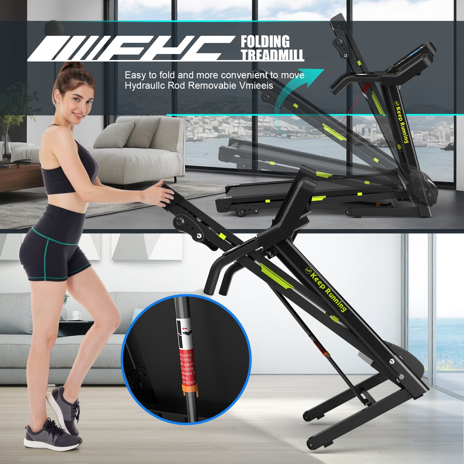 FYC Folding Treadmill for Home with Incline / Bluetooth, 3.5HP 330lb Weight Capacity Portable Electric Treadmill for Home Gym Exercise Running Walking Easy Assembly Green