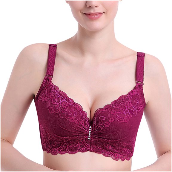 Full-Coverage Bras Women Fashion Plue Size Underwire Lace Comfortable Push Up Hollow Out Bra Underwear V-Neck Seamless Bra Feature Hook and Eye Closure Wire-Free Bra Style Y-219 , Red-d L