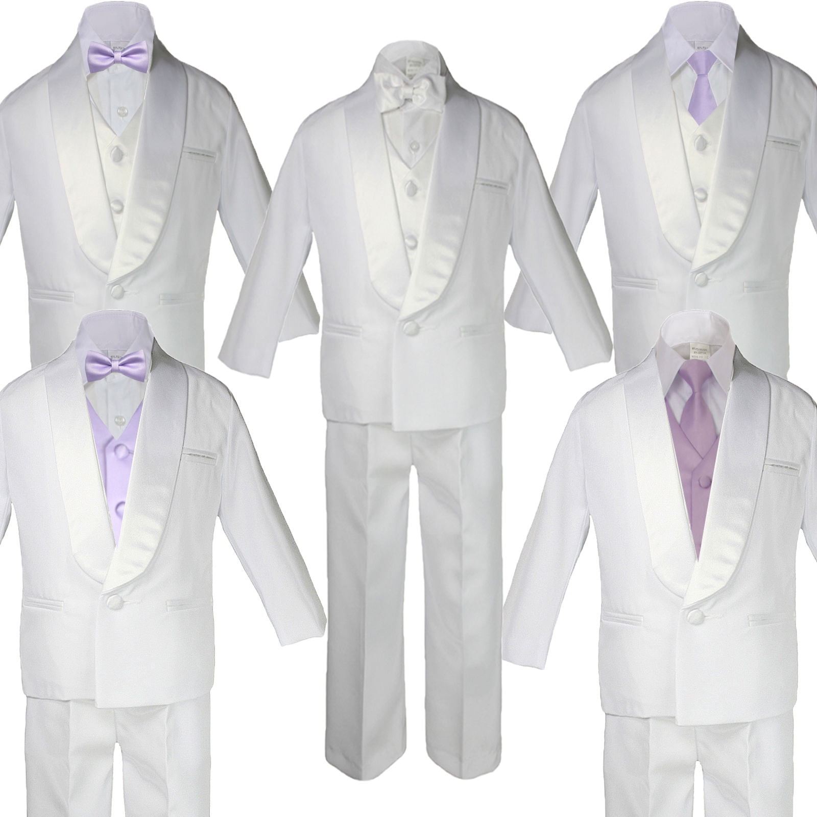 5-7pc Boy Teen White Shawl Lapel Party Suits Tuxedo LILAC Satin Bow Necktie Vest 