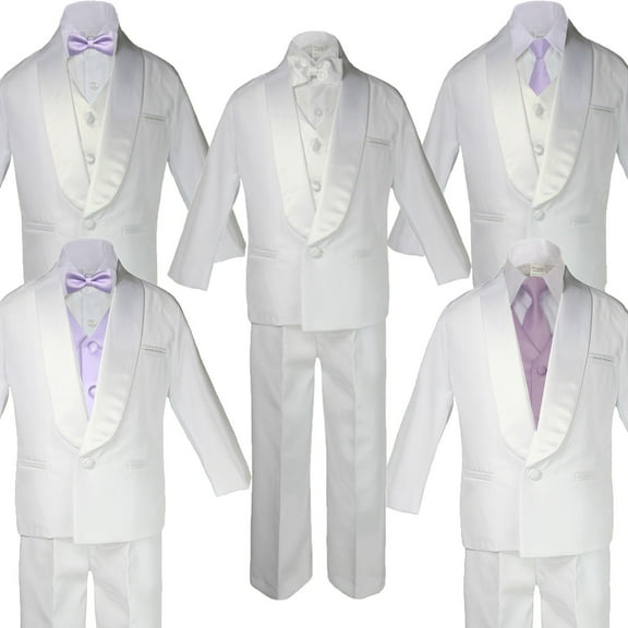 5-7pc Boy Teen White Shawl Lapel Party Suits Tuxedo LILAC Satin Bow Necktie Vest