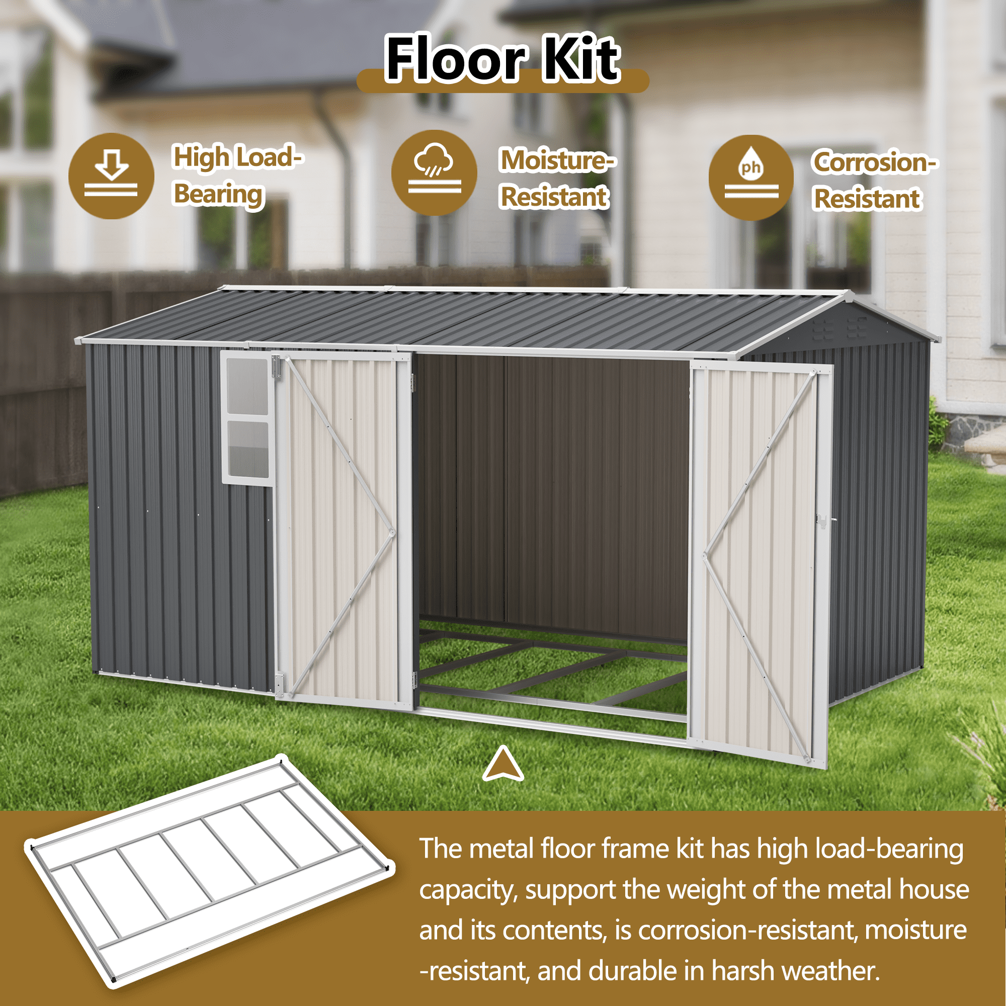 LZBEITEM 12'x8' Outdoor Storage Shed with Floor Frame & Window, Metal Garden Shed Kit, Backyard Shed, Lockable Doors for Backyard Patio Lawn, Gray