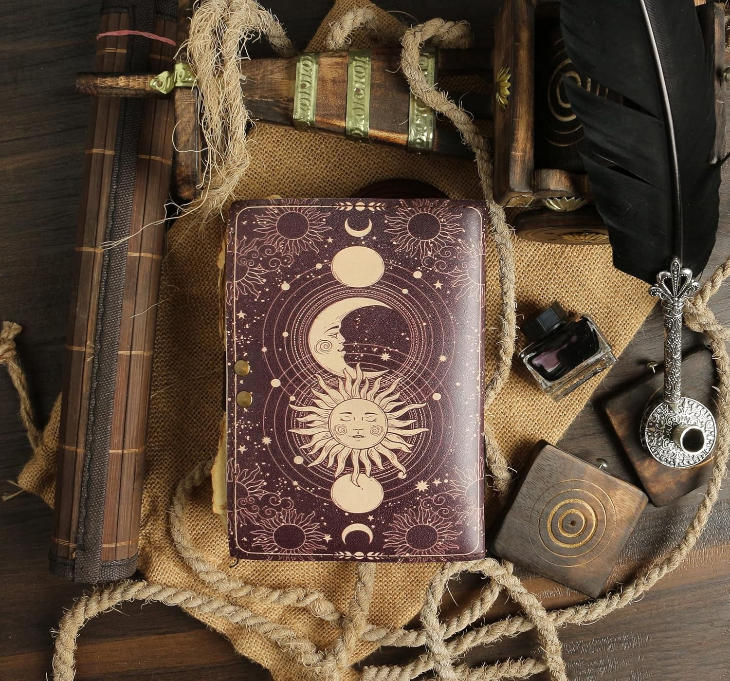 Sun Moon Leather Journal for Men & Women - Blank Spell Book of Shadows Grimoire Witchy Journal, 200 Deckle Edge Vintage Paper, Leather Journal, Gothic Gift (8x6)