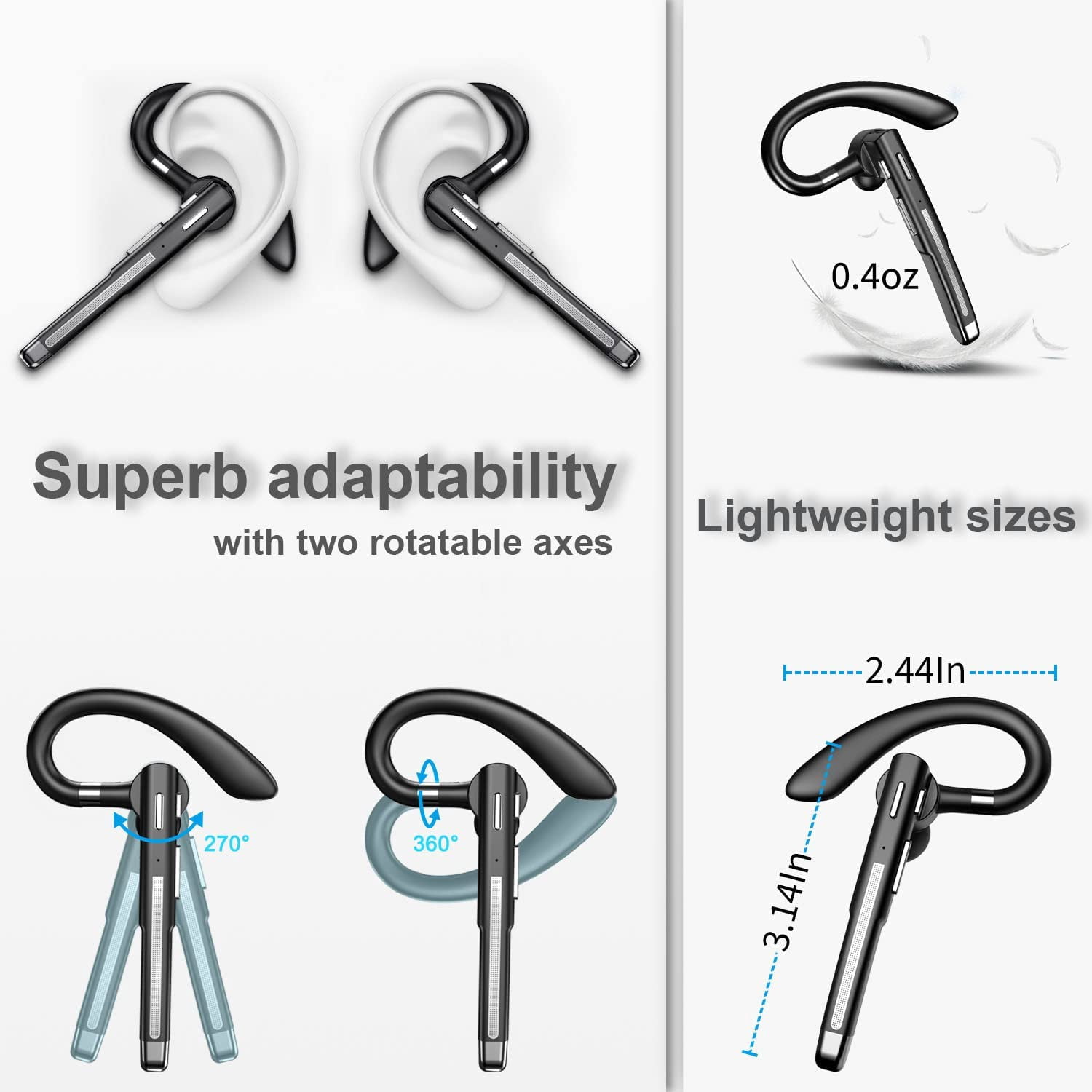 Elleryy Bluetooth V5.1 Headset Wireless Headphone with Noise Canceling Microphone, Black