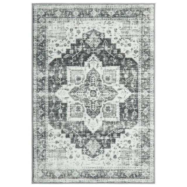 Tapis Persan Vintage Lavable à la Machine 8'x10 Pieds – Tapis Gris à Poils Courts Doux à Médaillon Rétro