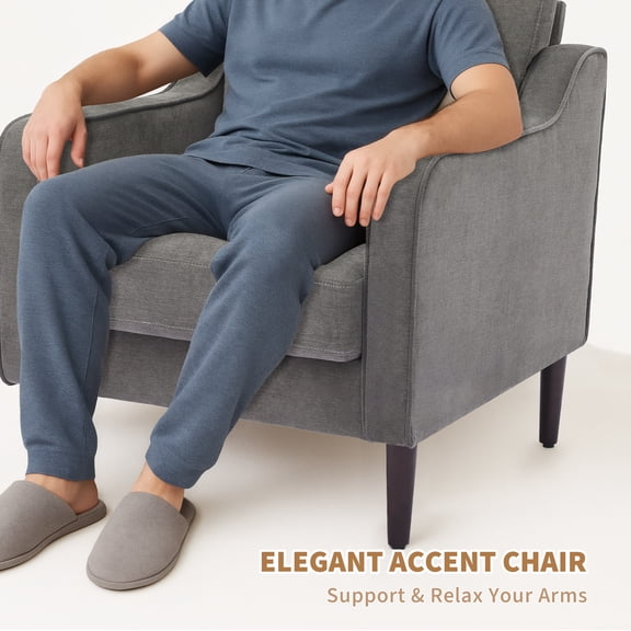 Mid-Century Accent Chair, Modern Comfy Living Room Chairs, Linen Fabric Upholstered Armchair