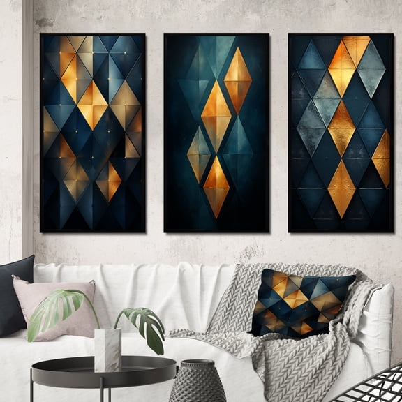 Designart "Navy Blue Diamond Rising Retro II" Modern Geometric Framed Wall Art Set Of 3 - Gold Abstract Frame Canvas Set For Living Room Decor