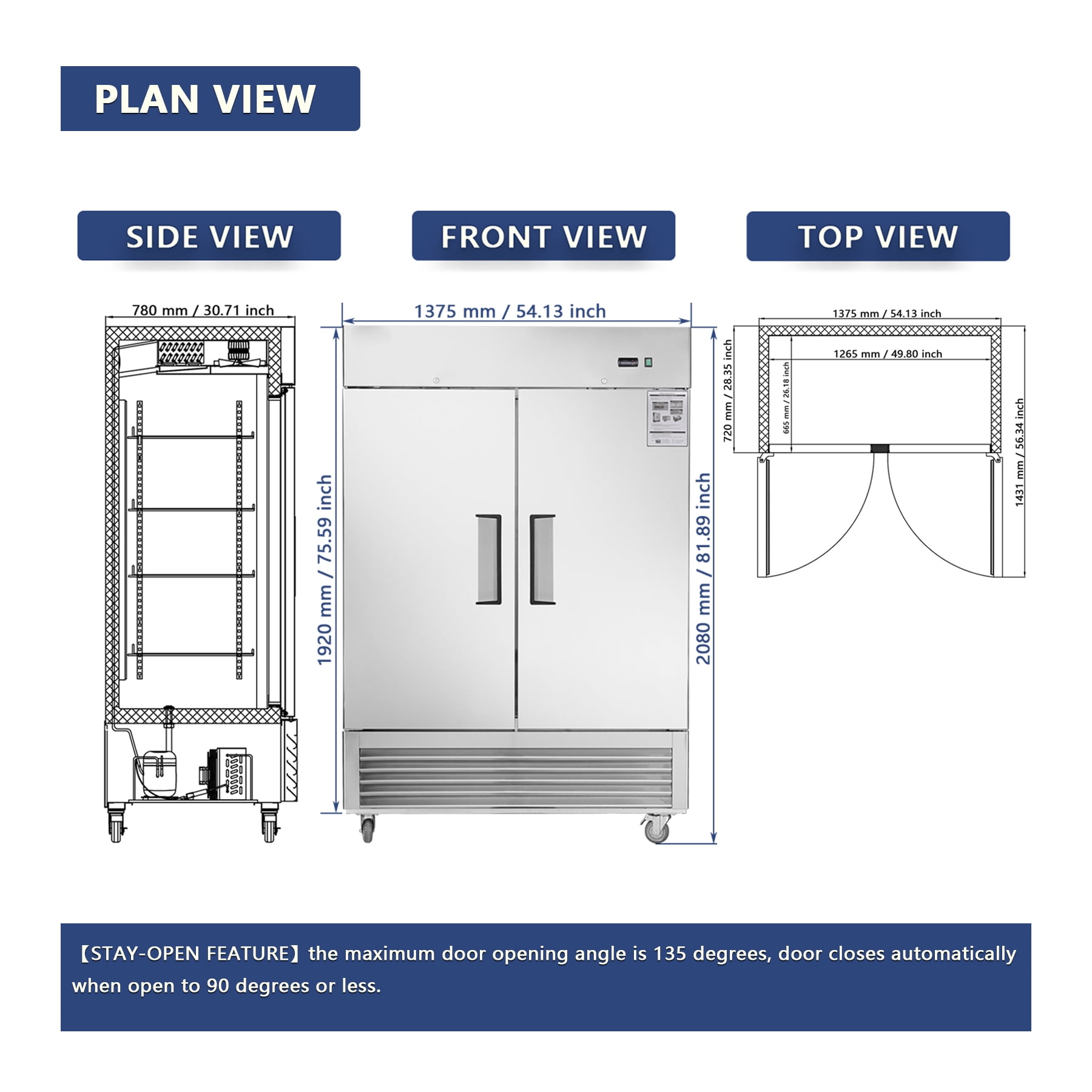 54"W 2 Section Reach-in Commercial Refrigerator 42.2 Cu.ft. Upright Fan Cooling Refrigerator for Restaurants and Commercial Environments