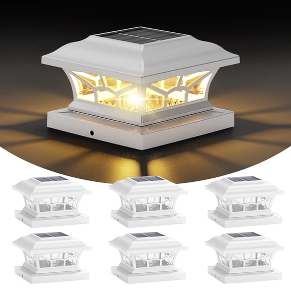 Solar Lights for Fence Post Cap Outdoor Deck 6 Pack for 4x4/5x5/6x6 Wooden/Vinyl Posts Two Light Modes LED Warm/Cool White Decor for Garden Patio. (White, 6)