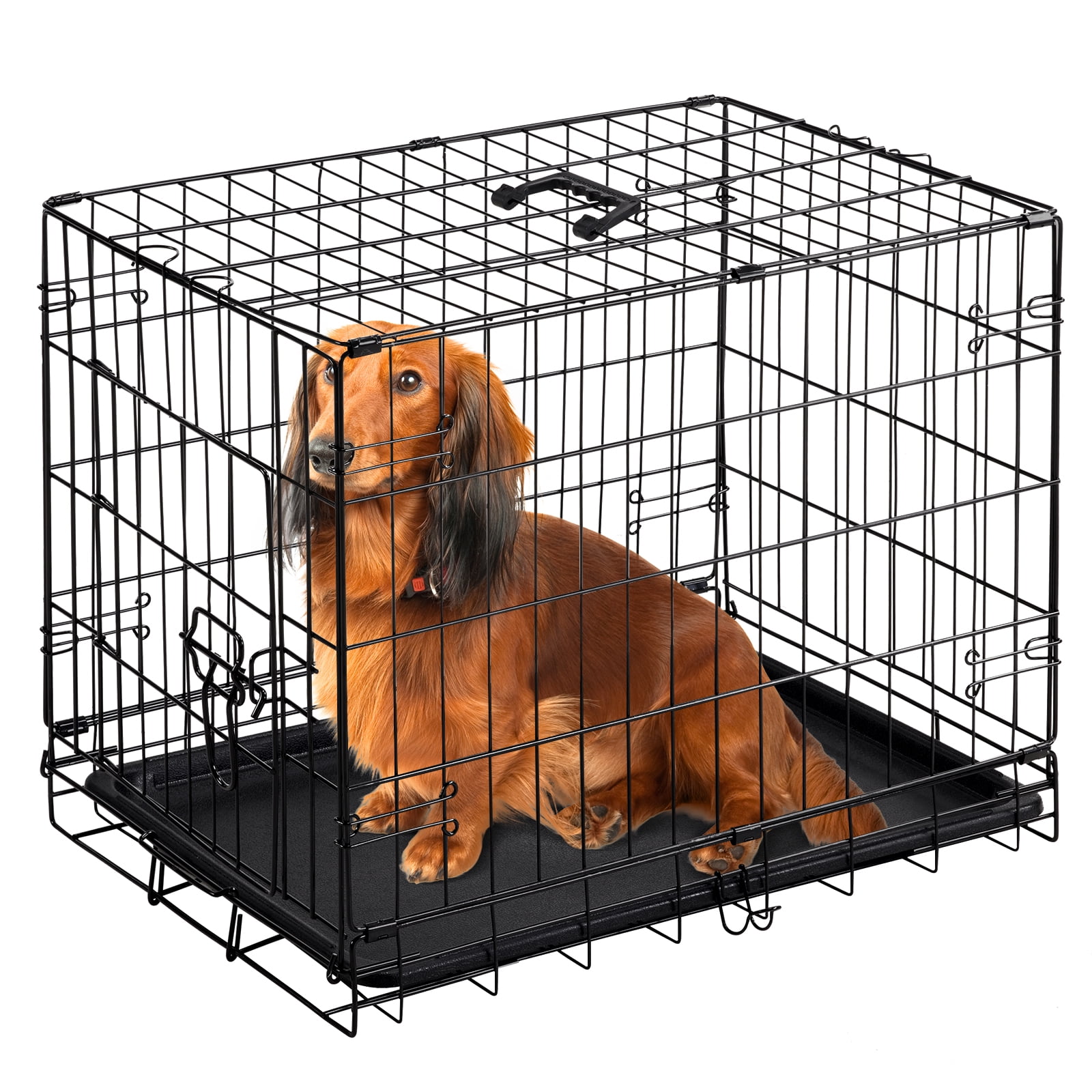 GIANNA Dog Cage Pet Crate for Dogs 24 Inch Folding Metal Pet Cage Single Door W/Divider Panel Indoor Outdoor Dog Kennel Leak-Proof Plastic Tray Wire Animal Cage