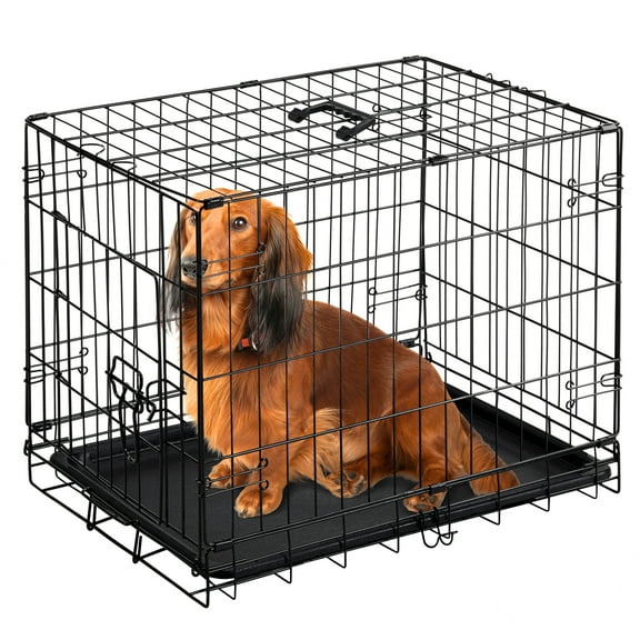 JIOABL Dog Crate, 24 Inch Medium Folding Metal Wire Pet Single Door Dog Cage with Divider Panel and Plastic Leak-Proof Pan Tray, Outdoor