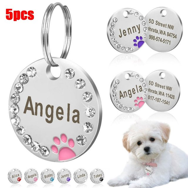 HLONK Andvari 5 Pcs Étiquettes de Nom Rondes pour Chien Collier Anneau Pendentif Identification Personnalisée pour Animal de Compagnie