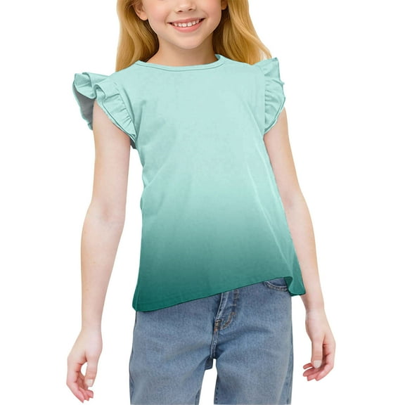 DeHolifer T-Shirts for Girls Crewneck Kids Ruffle Gradient Color Cute Shirts Casual Summer Elegant Sweet Tops for 12 Years