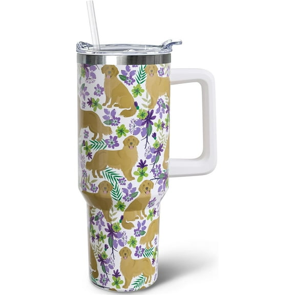 40 oz Golden Retriever Tumbler with Handle, Insulated Stainless Dog Tumbler Coffee Travel Mugs Cup Water Bottle Golden Retriever Lovers Gifts for Women Girls
