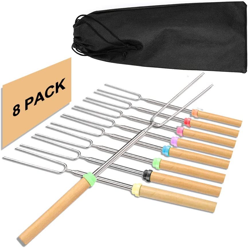 8, 32 HOMINE Marshmallow Roasting Sticks Set of 8 Extendable Long 32 Inches Telescopic Stainless Steel Smores Skewers for Fire Pit Metal BBQ Forks for Hot Dog/Camping/Campfires/Bonfire/Grill 