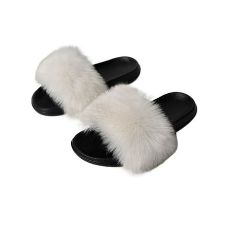 

Kesitin Ladies Comfortable Open Toe Slide Sandal Indoor Outdoor Casual Slip On Plush Slipper White Black 5.5-6