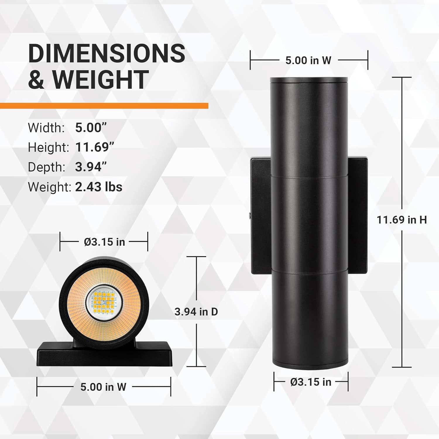 20W Integrated LED Up and Down Cylinder Outdoor Wall Sconce - 1600 Lumens - 3000K, 4000K, 5000K CCT-Tunable – Modern Exterior Wall Light for Garage and Entryway - 100-277VAC - Textured Black – 1-Pack