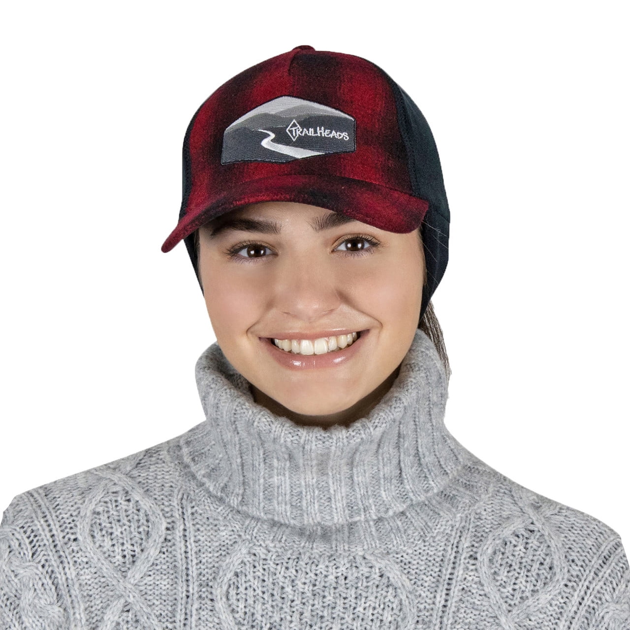?Women’s Quilted/Black Winter Ponytail Trucker Hat with Drop-Down Ear Warmers Winter Trucker Hat for Women - Quilted Ponytail Hat main image 4