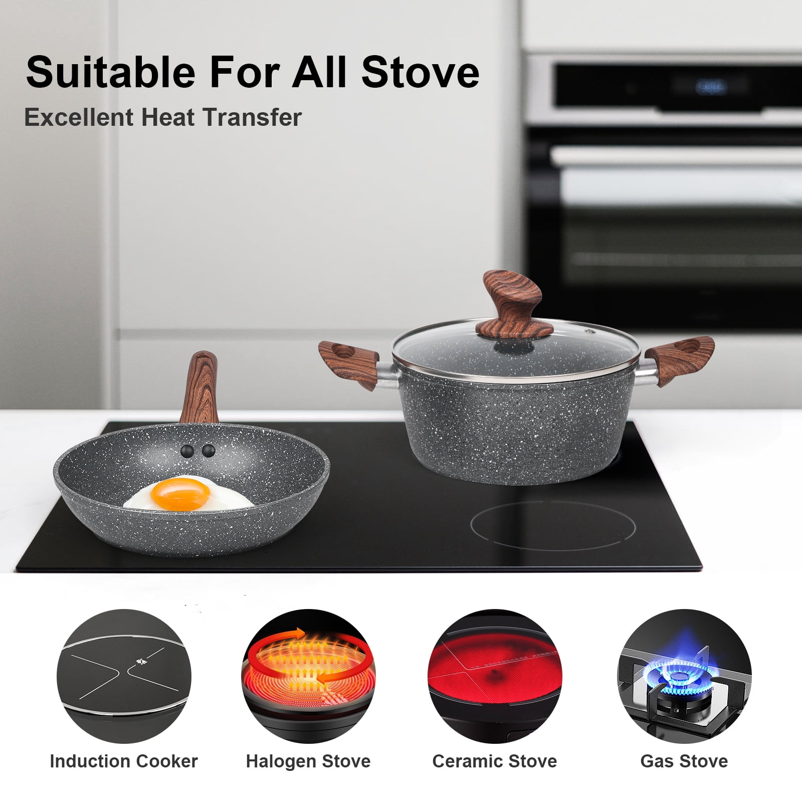 M MELENTA Granite Pots and Pans Set Ultra Nonstick, 11 Piece Granite Cookware Set with Frying Pan, Sauce Pan, Stockpot, Stay Cool Handle & Kitchen Utensils