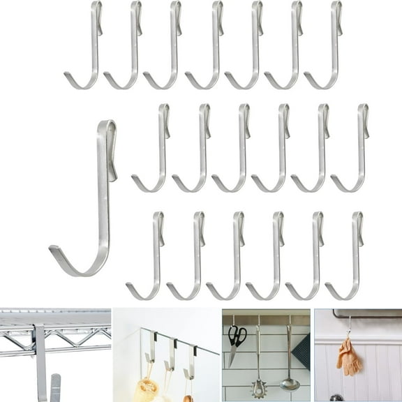 Tutuviw 20 Pcs 2.4in Long J-Hook for Wire Shelving, Wire Rack Hook, Stainless Steel Hanger Clip-on Hooks, Hanging Sink Grid Hook, Heavy Duty Utility Hooks for Kitchen Bedroom Office, Silver