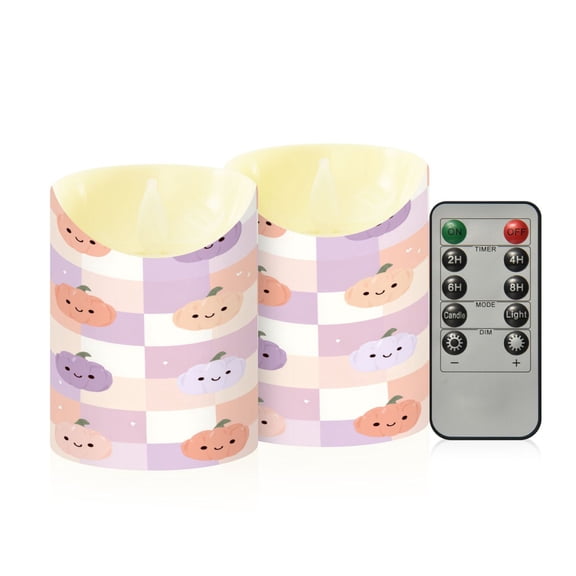 2 PCS Tilted Flameless Candles Flickering LED Lights Battery Operated Candles with Remote Timers for Holiday Decor Light-colored Pumpkin