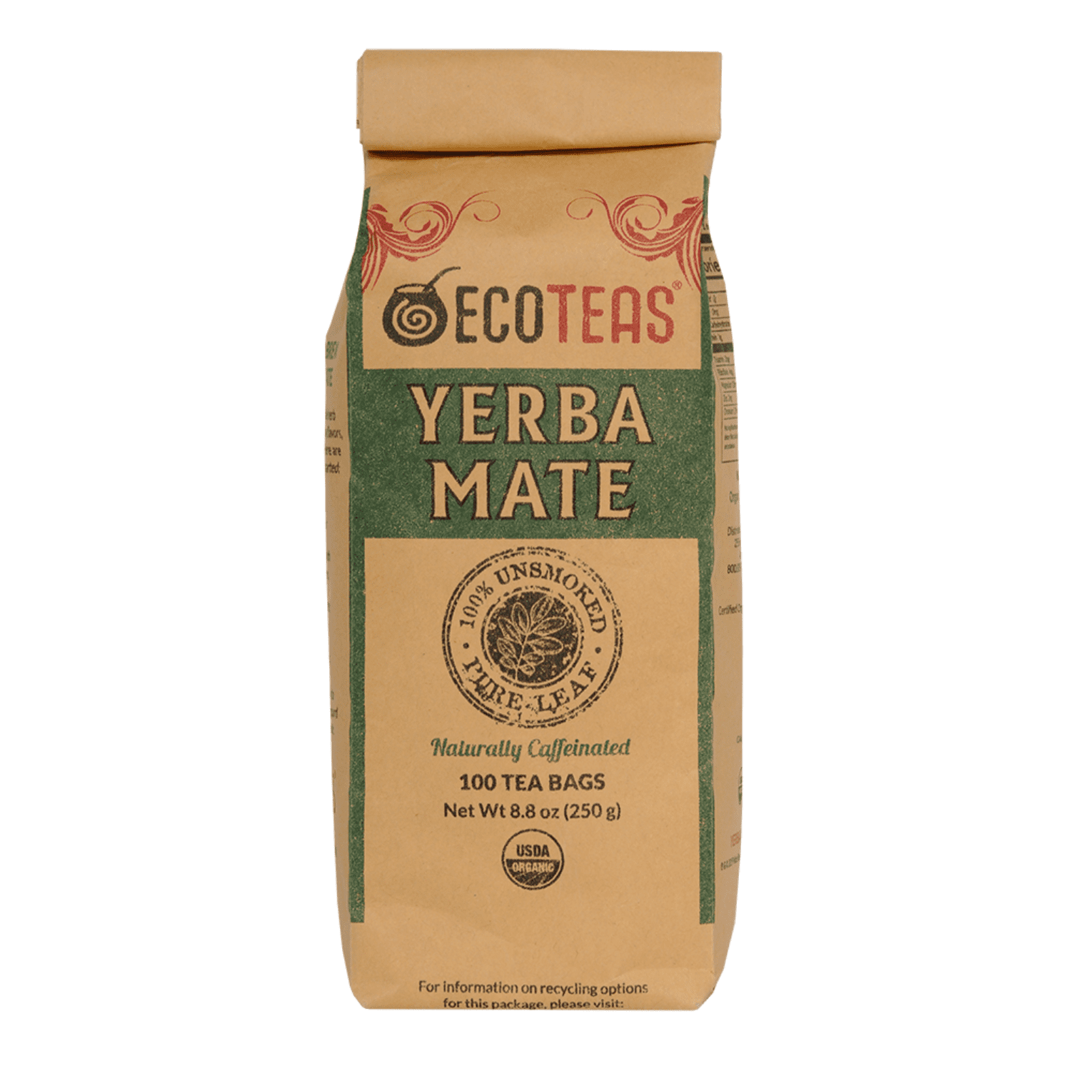 Organic Yerba Mate 100 Unsmoked Pure Leaf 100 Tea Bags ECOTEAS (3pack)