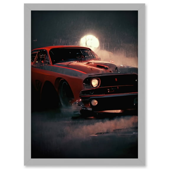 Classic Red Sports Muscle Car On A Rainy Atmospheric Night Artwork Framed Wall Art Print A4