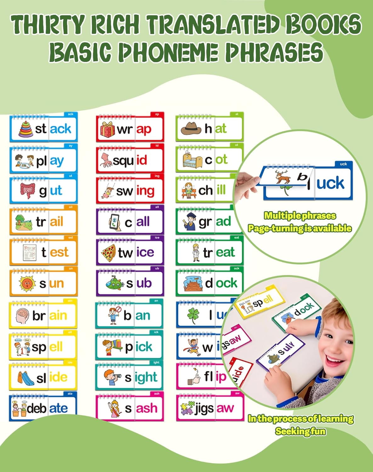 30 Read and Rhyme Flip Books, Word Family Build Book with Phonics & Sight Words Flash Cards, Interactive Reading Games for Kindergarten Classroom