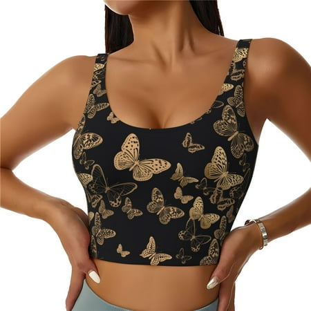 Adobk Modern Golden Butterfly Print Sports Bras for Women Longline Workout Crop Tank Tops Padded with Built in Shelf Padded Sports Bra-X-Large