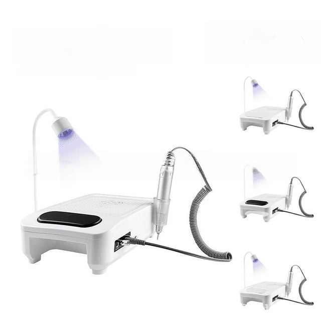 aspirador de uñas todo en uno saler cuatro en uno para salón de uñas dispositivo blanco rectangular con lámpara UV flexible encendida, aspiradora integrada en la superficie para eliminación de gel, taladro de mano conectado por cable espiral y plataforma perforada, vista frontal en estudio sobre fondo blanco; también resulta adecuado para técnicos de uñas móviles.