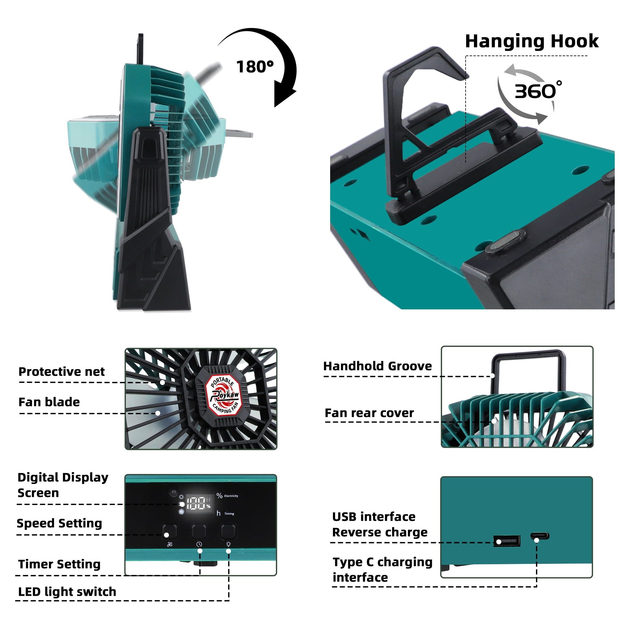 Roykaw Portable Fan Rechargeable 20000 mAH Battery Powered, Cordless Camping Fan, Ultra-bright LED Lights & Display, 36+ Hrs Work, w/Hang Hook, Handle for Travel, Fishing, Golfing, Indoor, Hurricane