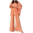 thumbnail image 1 of Yuyuzo Womens Fall 2 Piece Sets Button down V Neck Long Sleeve Shirts with High Waisted Pants Solid Color, 1 of 5