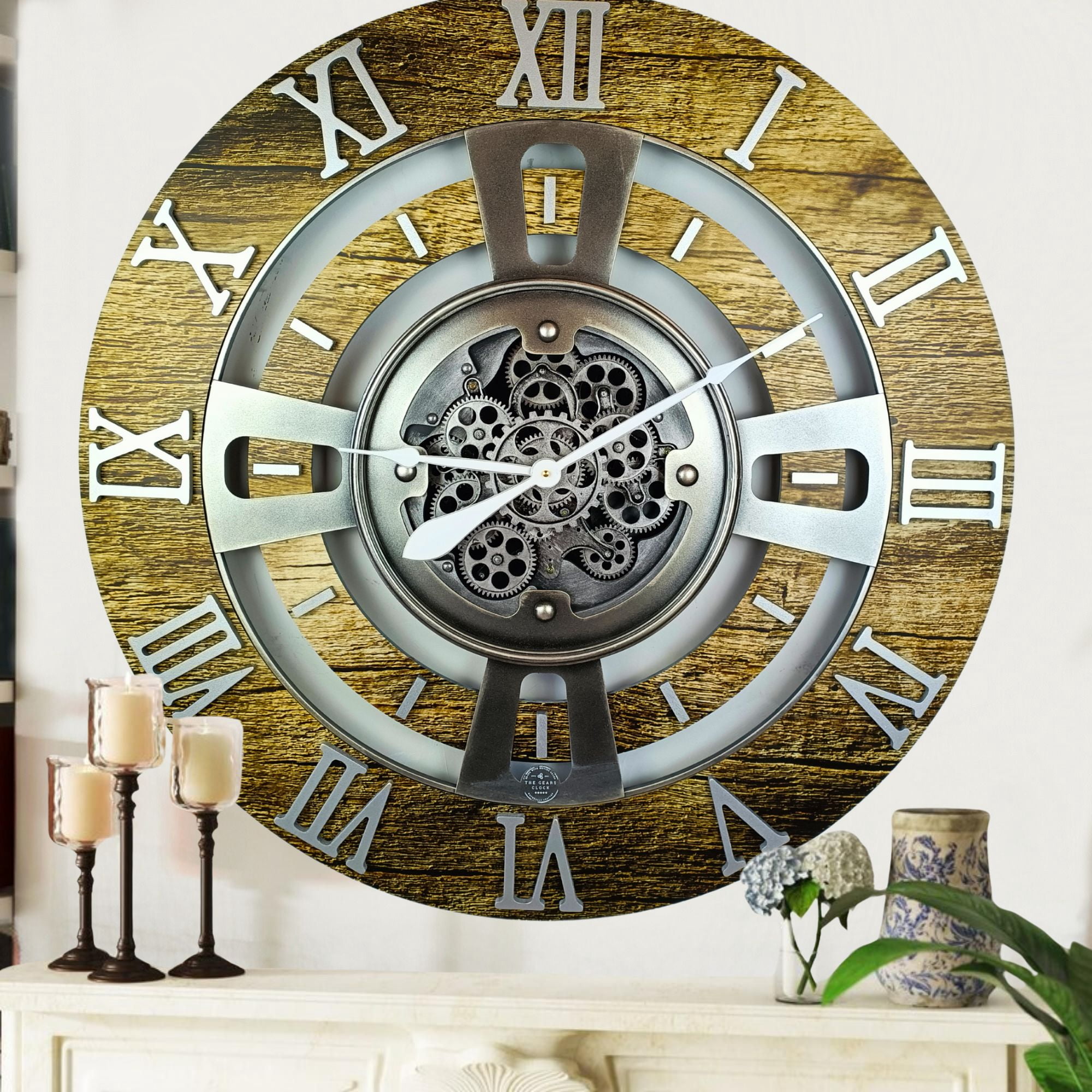 THE GEARS CLOCK Wall Clock with Real Moving Gears EN-LI_ 24 in Round Gold-Antique