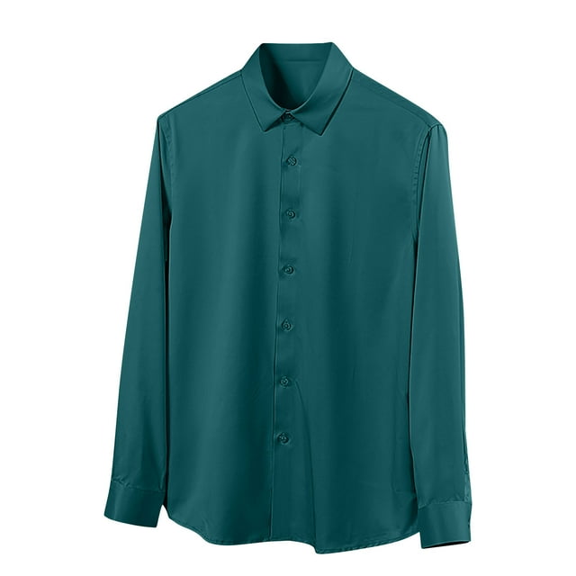 GreatBaby Men's Solid Color Blouses Long-Sleeved Classic Pointed Collar Tops with Button Closure Comfy Fabric Versatile for All Seasons(Green#1,S)