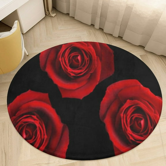 Red Rose Black Round Area Rugs for Bedroom Living Room, 4FT Soft Indoor Circle Carpets, Carpet Home Decor Floor Mat