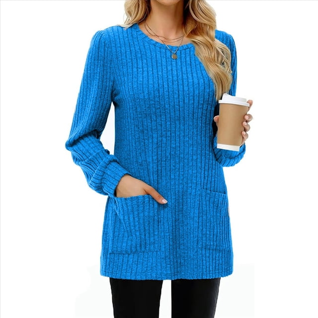 Camisas de Larga para Mujer, Suéteres Largos con Bolsillos, Túnicas Holgadas Azul XL
