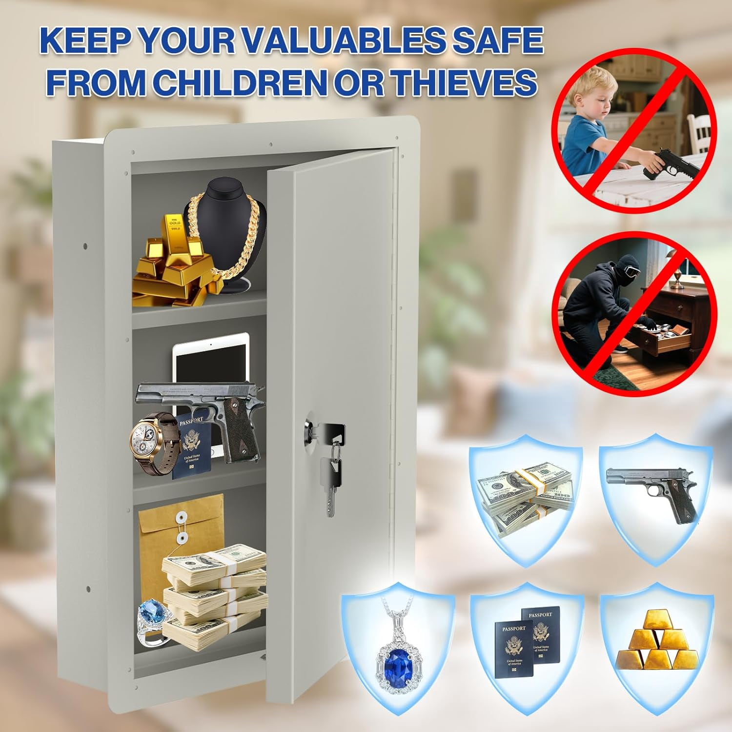 POCHAR In Wall Safe with Key Lock - Hidden Wall Safes Between the Studs for Money Jewelry Cash and Valuables at Home, Business (21" Height)
