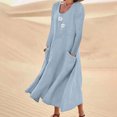 thumbnail image 2 of Robe en Lin de Coton pour Femmes Col Rond Imprimé Manches Longues Décontractée Ample Fluide Vacances Longue Robe avec Poches, 2 of 5