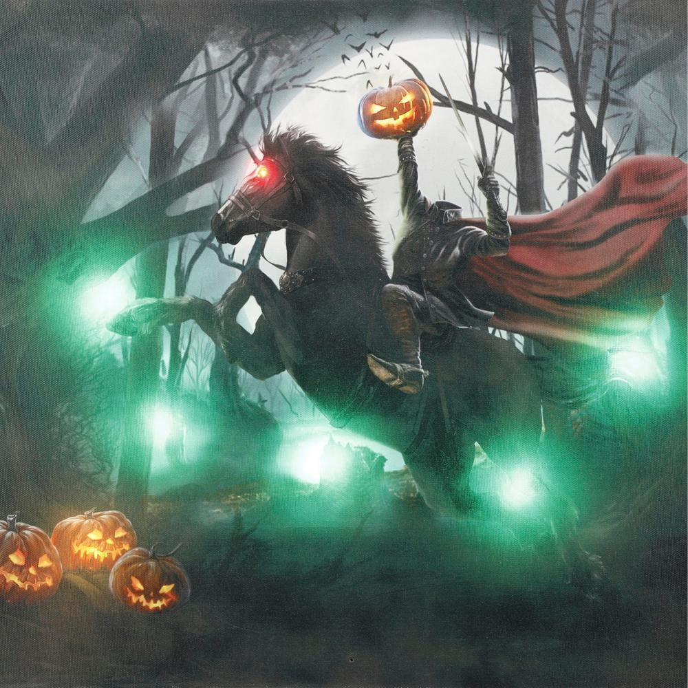 Headless Horseman Halloween Decoration
 15 in x 20 in Halloween Headless Horseman LED Canvas with Sound