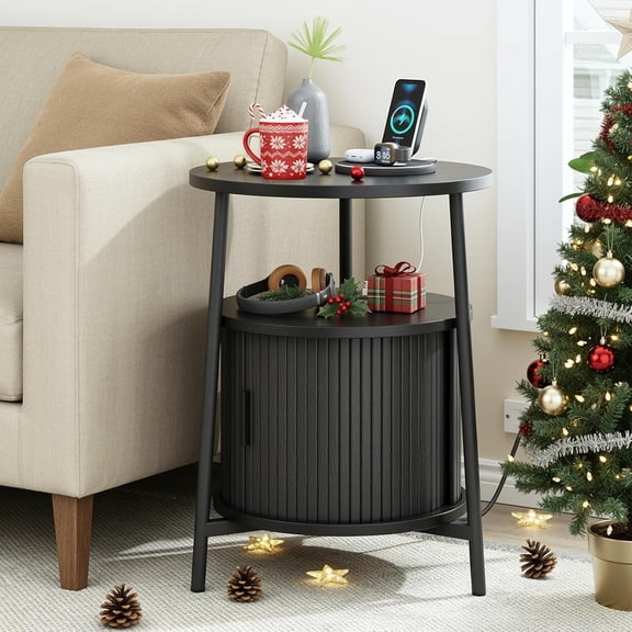 ONBRILL Round Side Table with Storage, Fluted Nightstand with Charging Station, Small Mid-Century Modern Bedside Tables, Black End Tables for Small Space Living Room Bedroom Sofa Couch