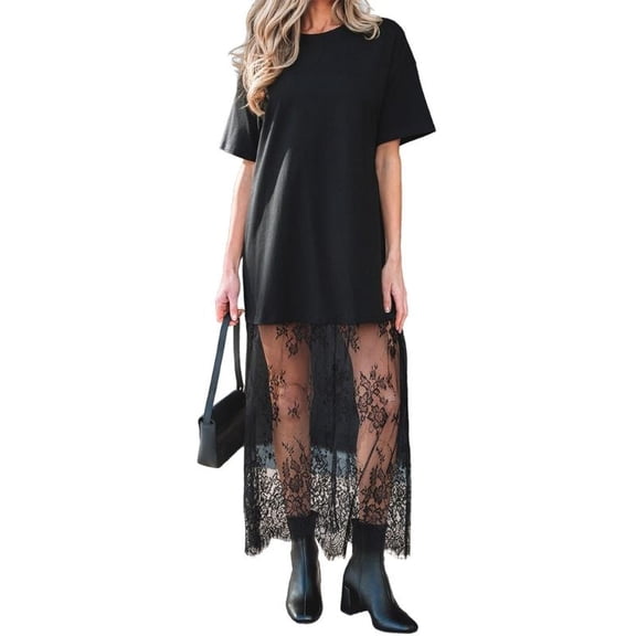 Women Casual T-Shirt Dress Short Sleeve Loose Fit With Lace Splicing Maxi Dress