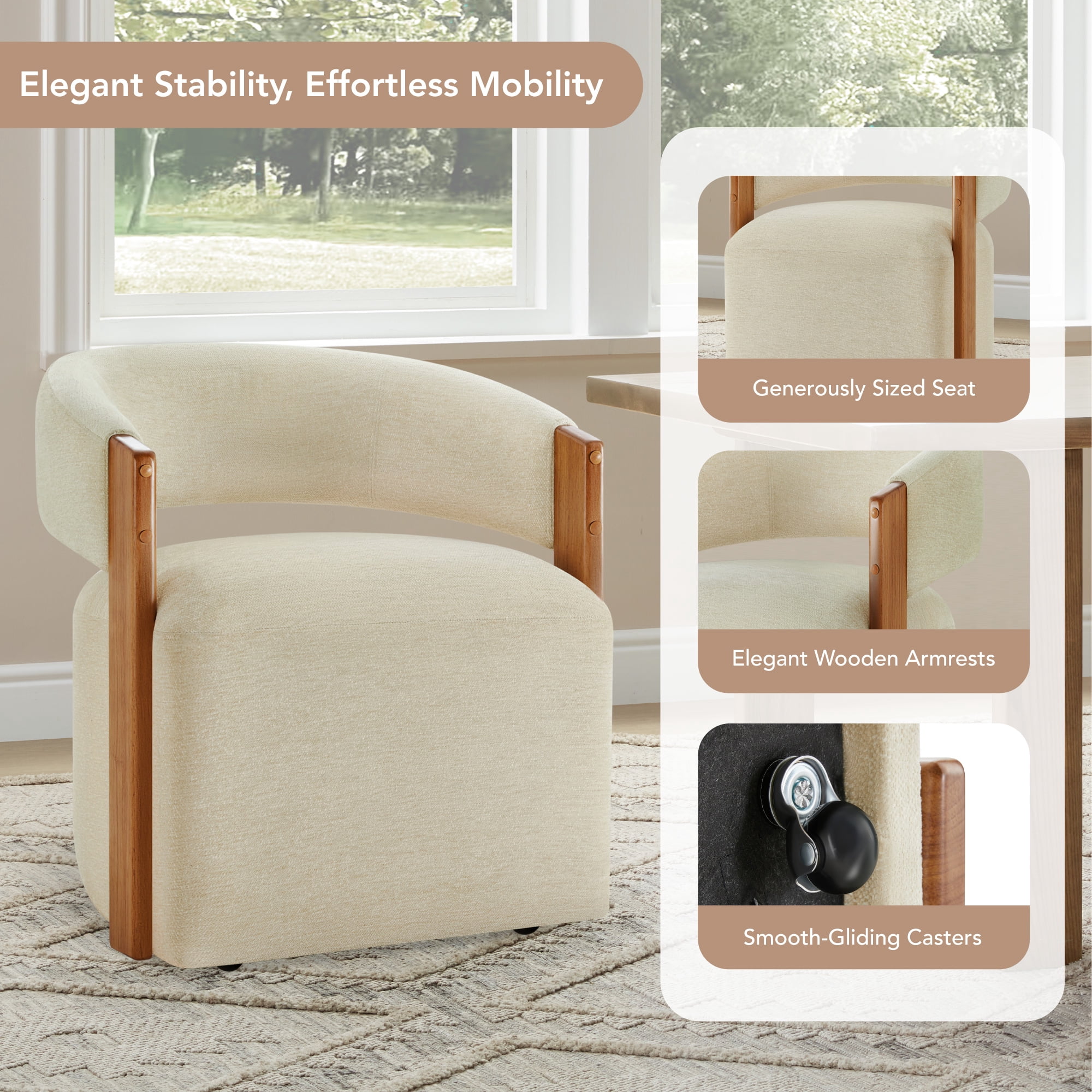 Spruce & Spring Upholstered Dining Chair with Wooden Armrests and Rolling Casters Single, Beige Sand