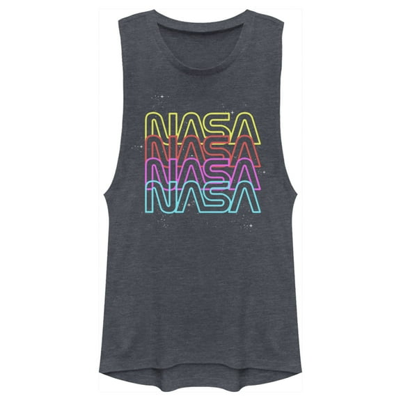 Junior's NASA Neon Rainbow Repeat Text Logo Festival Muscle Graphic Tee Denim Blue Heather X Small
