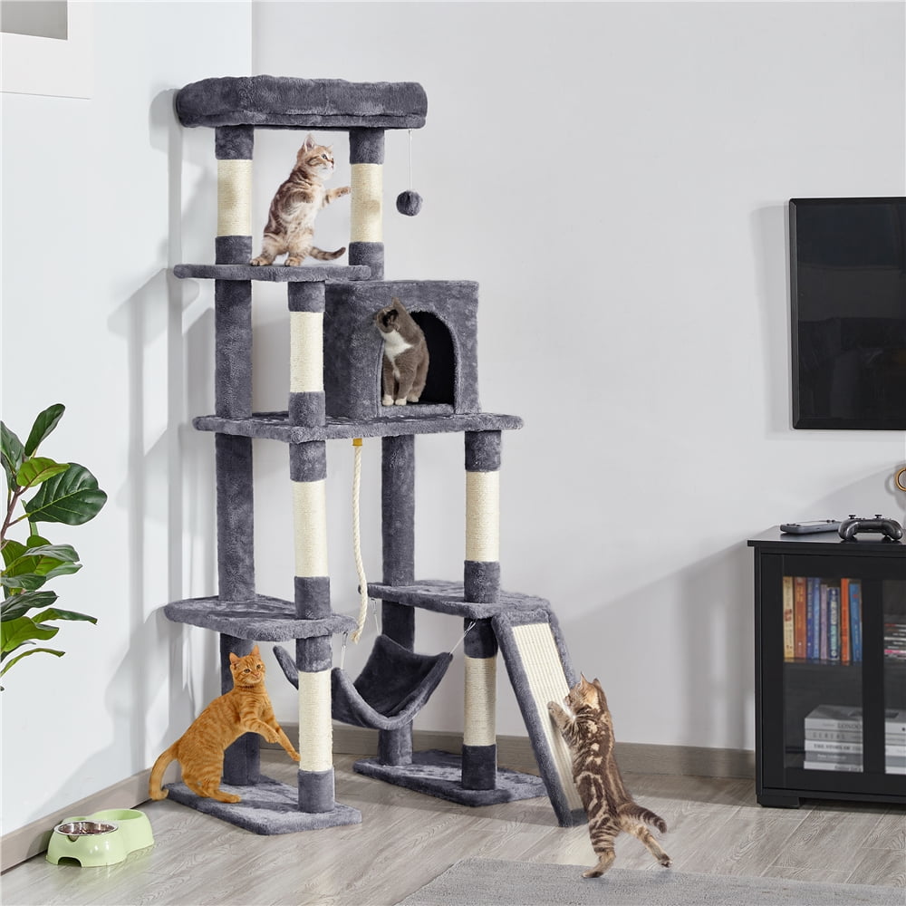 Alden Design 63" H Cat Tree Tower with Hammock and Scratching Posts, Dark Gray