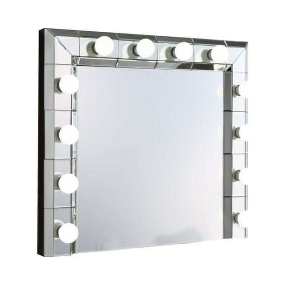 Benjara 32 Inch Square Lighted Wall Mirror, 12 Bulb Sockets, Mirrored Frame, Silver