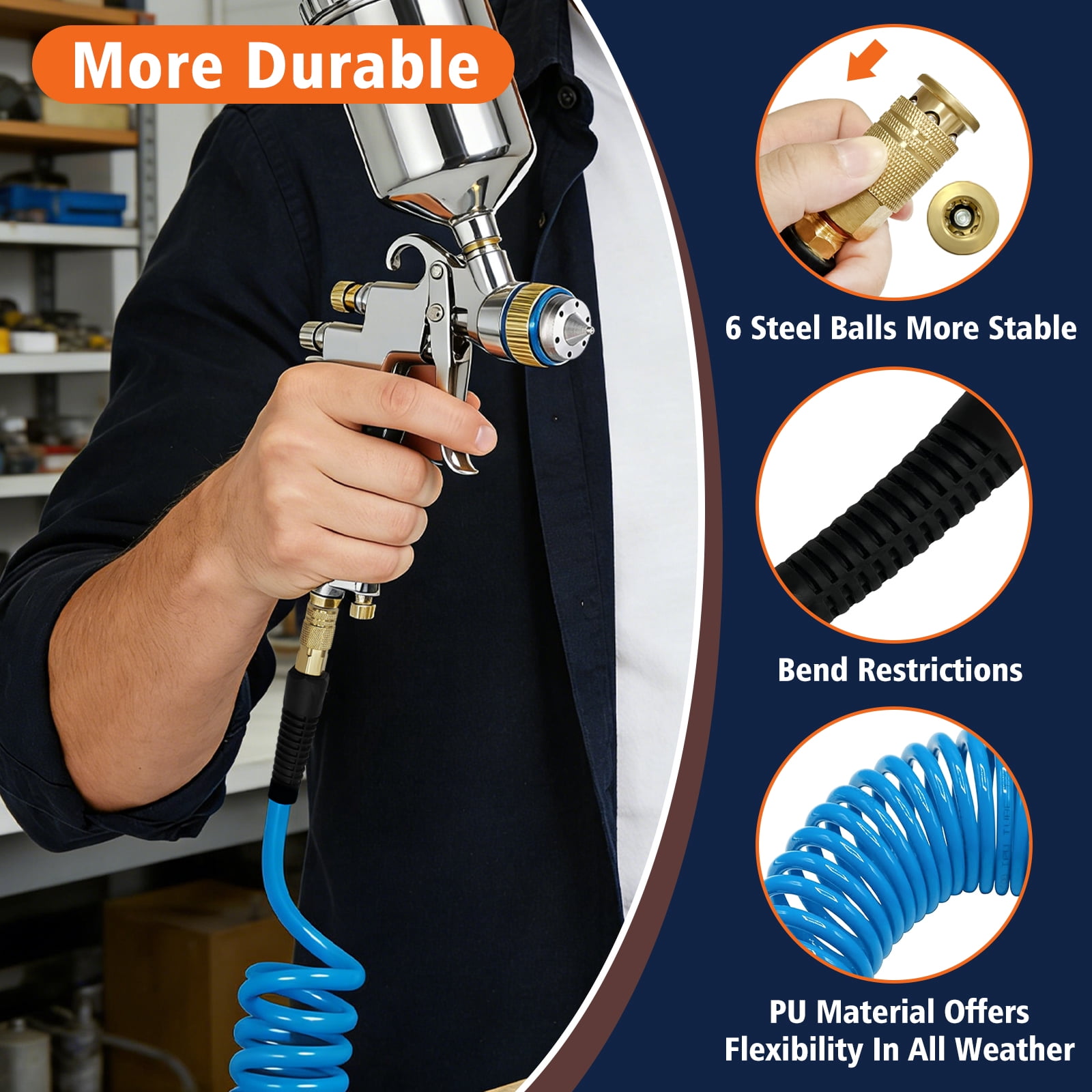 AGALI 1/4 in x 25 ft Polyurethane Air Hose with Bend Restrictor, Air Compressor Hose with 1/4 Solid 100% Pure Copper Quick Connect Fittings and I/M Plug Kit, Coiled PU Air Hose 1/4", Blue