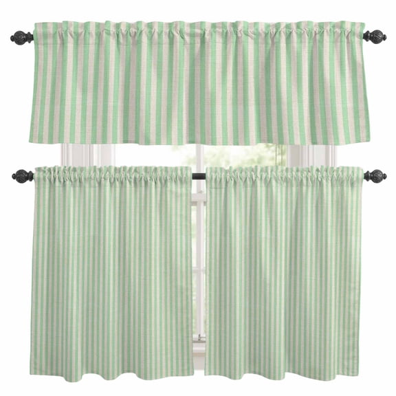 Sage Green Striped Kitchen Curtains Sets for Windows 24 Inch Length, Modern Simple Farmhouse Beige Rod Pocket Window Treatments Tier Curtains and Valances Set for Bedroom/Bathroom