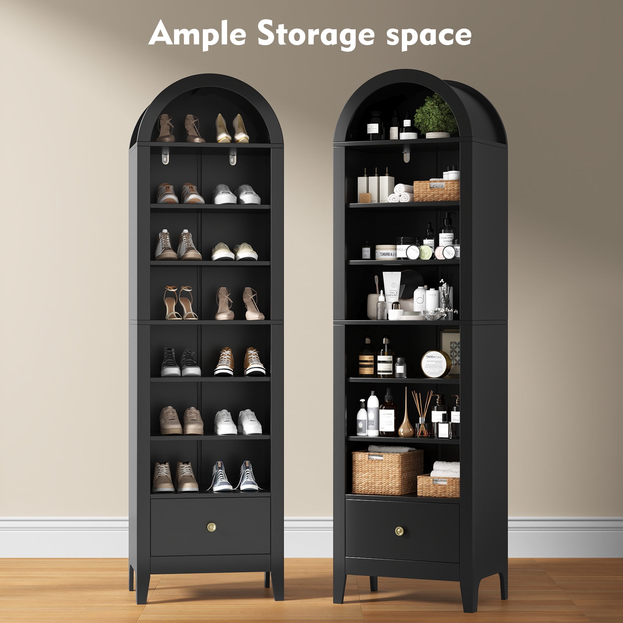 NEGYLIM 71" Tall Arched Storage Cabinet with Drawer, Freestanding Kitchen Pantry Cabinet with Doors and 8 Adjustable Shelves, Narrow Tall Cabinet for Bathroom Living Room Office, Black