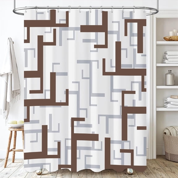 Brown Extra Long Shower Curtain - 72x84 Inches Long Geometric Fabric Shower Curtain Set with 12 Plastic Hooks, Tall Modern Water-Repellent Polyester Cloth Shower Curtains for Bathroom